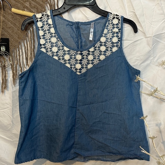 Tops - Denim Blue Sleeveless Top with Lace Yoke